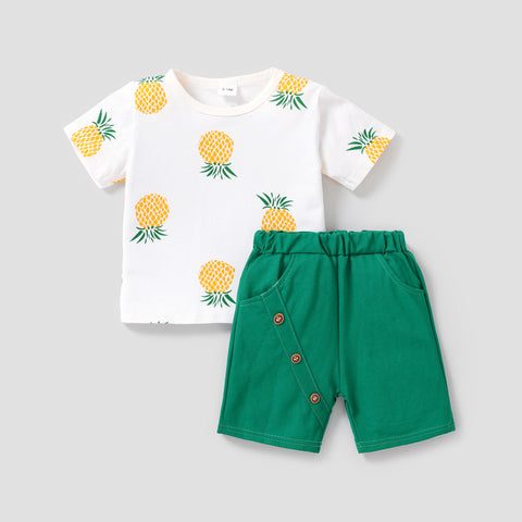 2pcs Baby Boy 95% Cotton Short-sleeve Pineapple Print Tee and Solid Shorts Set