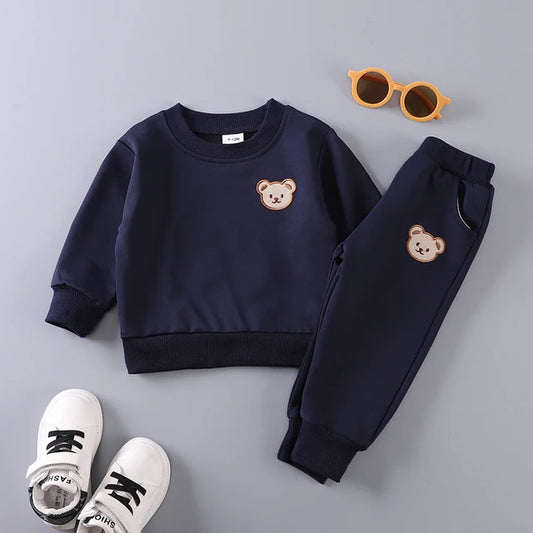 2pcs Kid Girl/Boy Solid Bear Pattern Sweatshirt Set