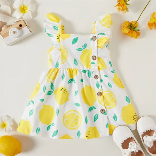 1pc Baby Girl Plaid & Lemon & Fruit Sweet Dress