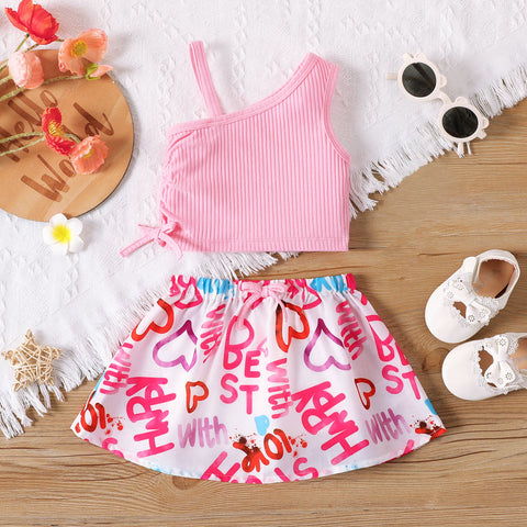2pcs Baby Girl Cotton Ribbed One Shoulder Tank Crop Top and Allover Heart & Letter Print Skirt Set -Globle