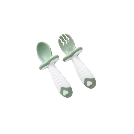 2-pack Baby Toddler Self-Feeding Silicone Spoon Fork Utensils Set Featuring Protective Barriers to Prevent Choking and Gagging